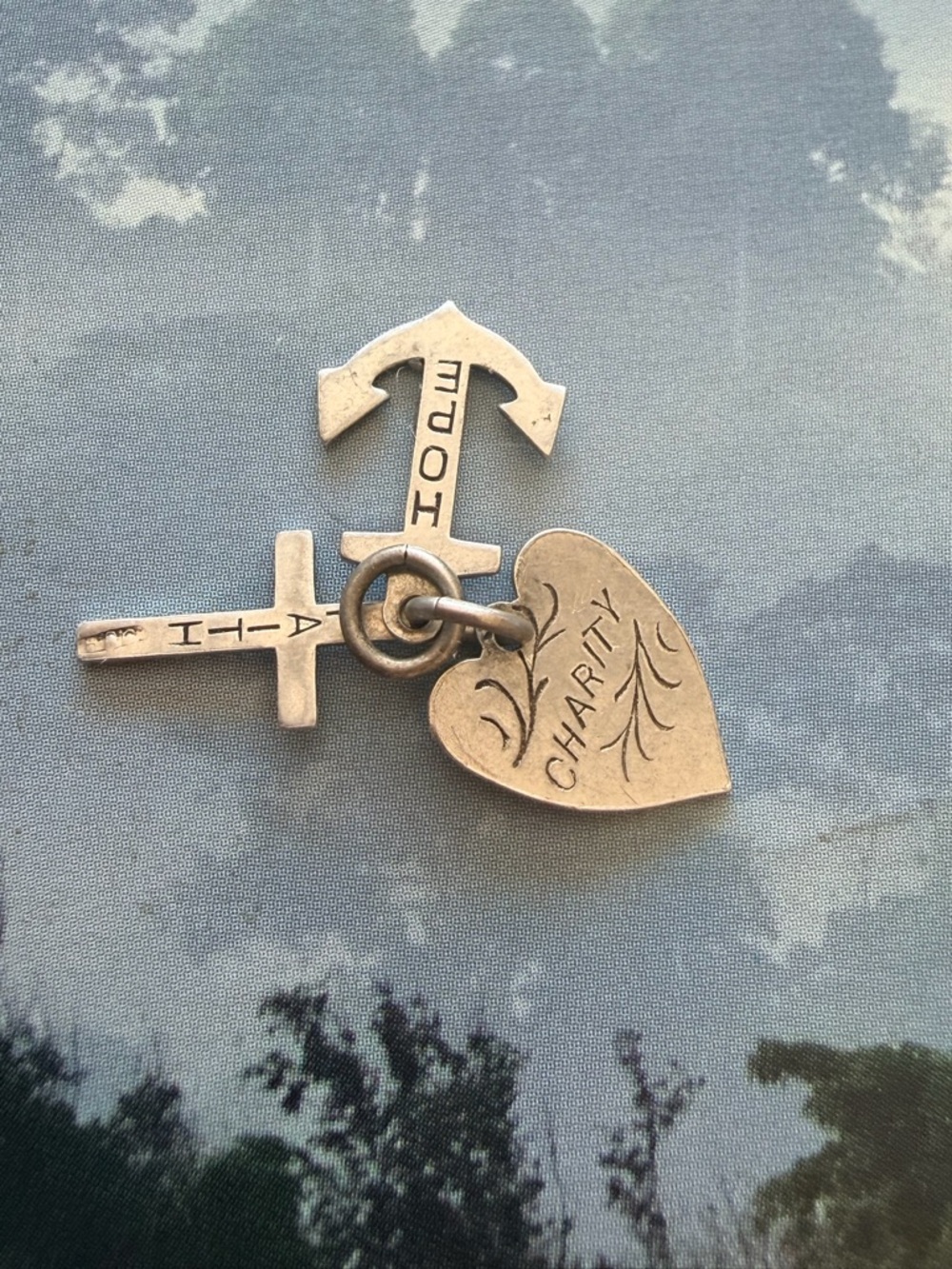Sterling Silver  'CHARITY' Heart & Cross Anchor Charm